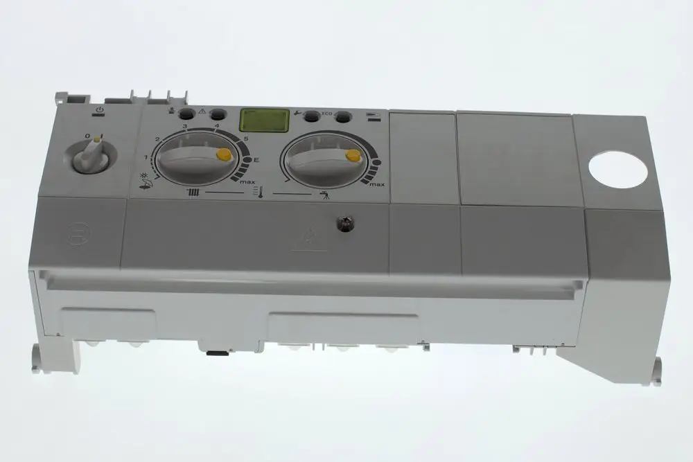 Steuergerät von Bosch in hellgrau mit zwei Drehreglern, einem Digitaldisplay und verschiedenen Symbolen, auf weißem Hintergrund.